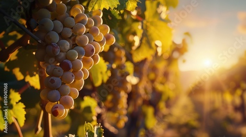 Bunch of grapes hanging from vine photo