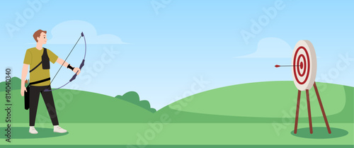 Young professional archer man focus shot at the target vector flat illustration, cartoon archery sport outdoor activity