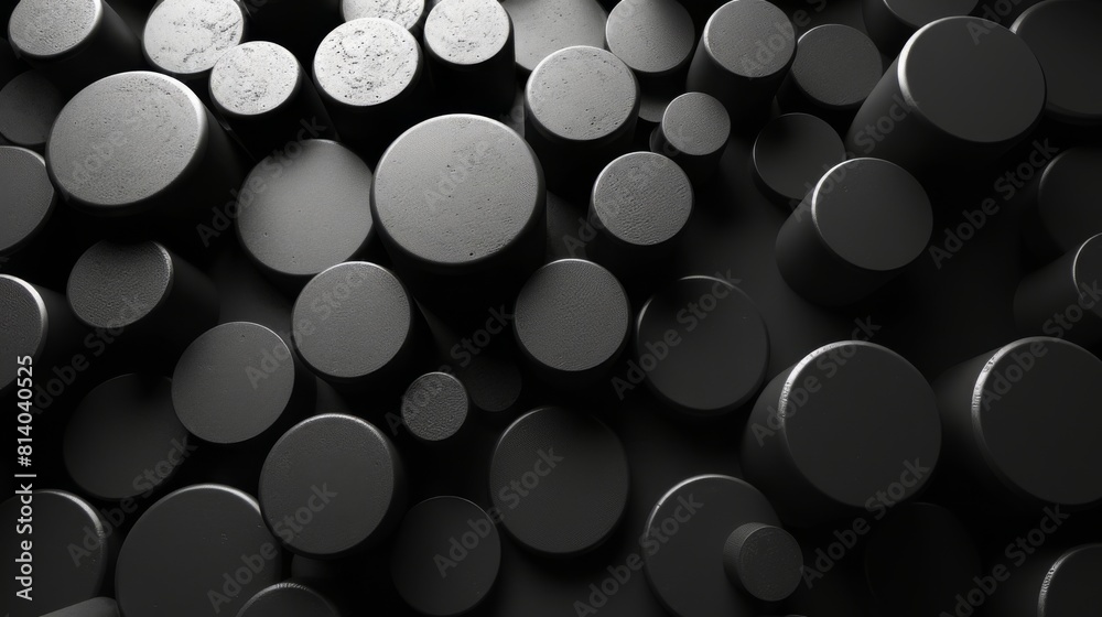 Assorted sizes of black cylinders in abstract arrangement Assorted sizes of black cylinders in abstract arrangement