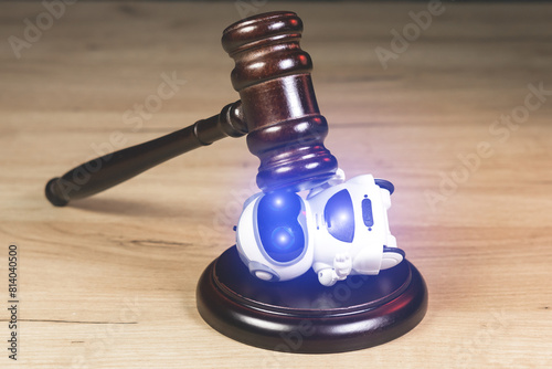 Adjudgement Gavel with wooden stand. Lawyer decision about Digital  assistant. Law and justice. Court of law. Pronouncing sentence to the AI Artificial Intelligence.