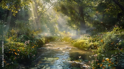 A gentle stream meanders through a sun-dappled glade  its crystal-clear waters teeming with life as dragonflies flit above the surface in a ballet of movement.