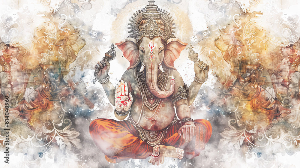 Obraz premium lord Ganesha in divine court surrounded by celestial beings digital watercolor painting on white background.