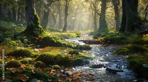 A meandering stream winds its way through a moss-covered forest, its gentle currents carrying fallen leaves downstream as shafts of sunlight filter through the canopy above. photo