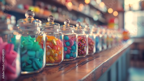 A row of vintage glass jars filled with colorful candies, each one a sweet treat