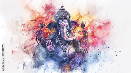 Fototapeta Naklejka Na Ścianę i Meble -  lord Ganesha in comic book style on white background, ready for adventures in digital watercolor painting