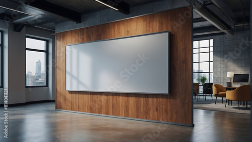 billboard on the wall, blank mockup frame on wall in modern office interior design in 3d style. illustration generative ai