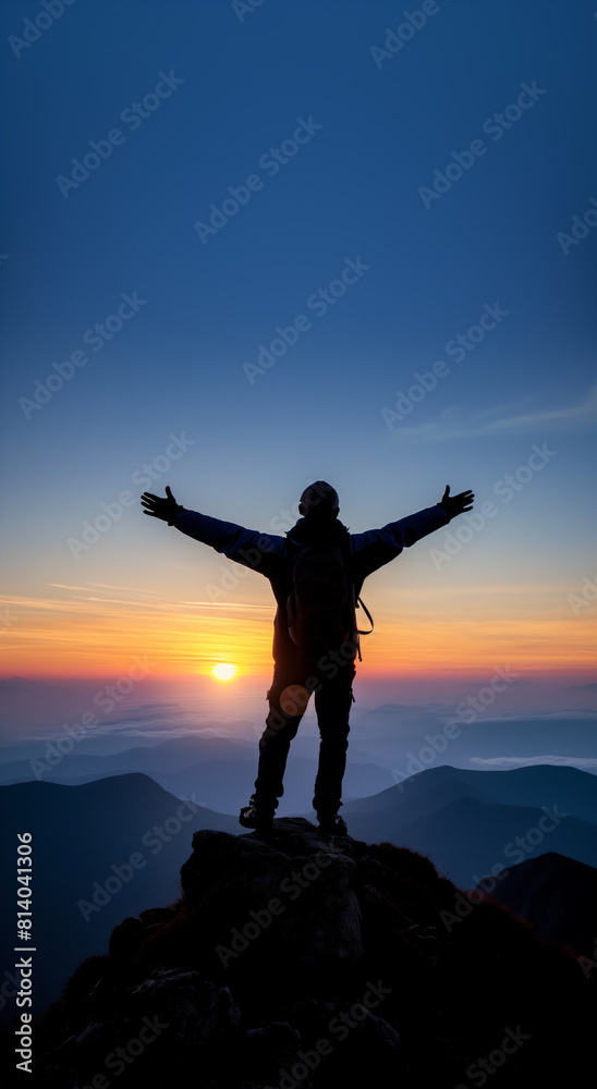Man celebrating sunset with arms outstretched in mountains. Trail runner, hiker or climber with hands raised reached top of a mountain Man celebrating sunset with arms outstretched in mountains. Trail runner, hiker or climber with hands raised reached top of a mountain