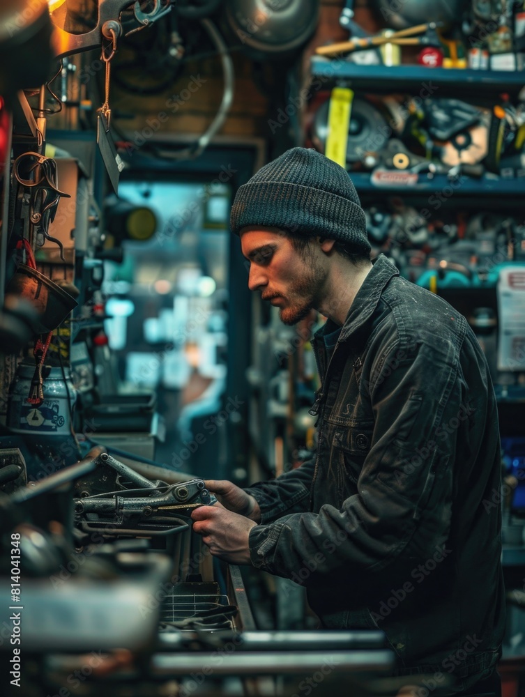 Man in black jacket and black beanie is working on machine