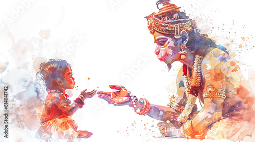 Healing power of Hanuman depicted in a digital watercolor painting, bringing hope and comfort to a sick child on a white background. photo