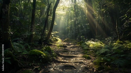 A secluded pathway winds its way through dense forest  with sunlight filtering through the canopy above  illuminating patches of moss and ferns below.