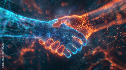 Handshake in digital futuristic style. The concept of partnership hyper realistic  photo
