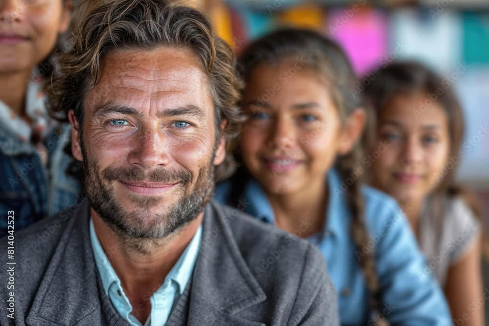 A man with a beard and a smile is standing in front of three young girls A man with a beard and a smile is standing in front of three young girls