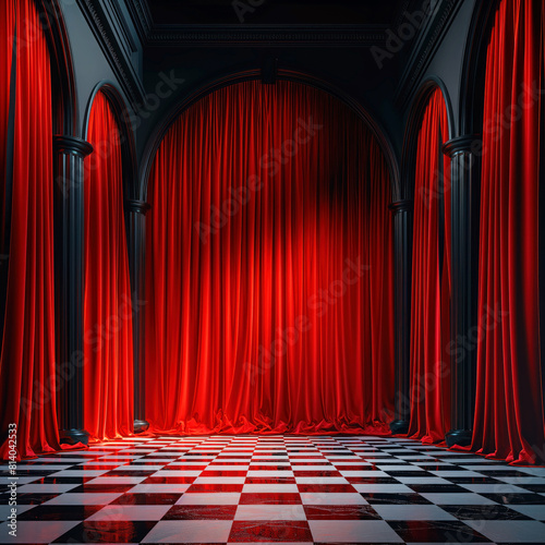 Red velvet curtains in classical hallway with checkered marble floor. Traditional architecture setting featuring lush red curtains and geometric flooring, ideal for dramatic or elegant themed backdrop