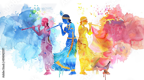 Young lord Krishna playing flute for mesmerized milkmaids in digital watercolor painting photo
