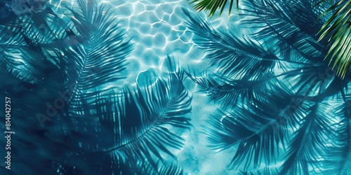 Blue ocean with palm trees and leafy green background photo