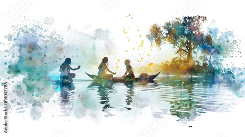Beautiful digital painting of lord Krishna and friends playing in the Yamuna river