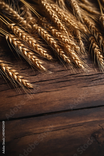 Close-up of golden wheat ears on an empty dark rustic wooden tabletop. Concept of natural organic farming with rich harvest. Cooking ingredients background with space for text. Top view.