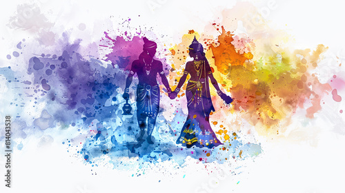 Colorful image of Lord Rama and Sita enjoying Holi festival with vibrant colored powders on white background