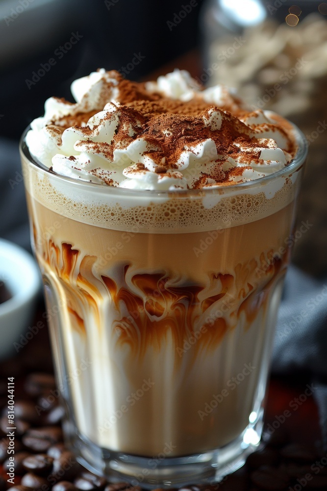A close up of a cup with whipped cream and coffee beans, AI A close up of a cup with whipped cream and coffee beans, AI