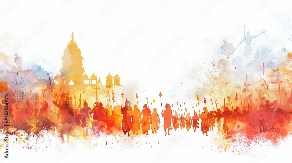 Lord Rama and his victorious army parading through Ayodhya in a stunning digital watercolor painting on a white backdrop. Lord Rama and his victorious army parading through Ayodhya in a stunning digital watercolor painting on a white backdrop.