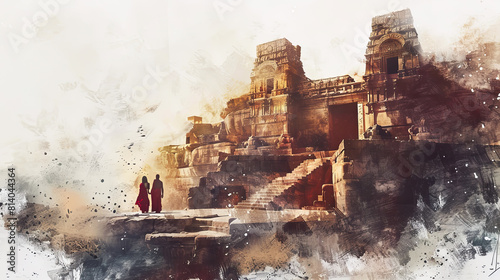 Beautiful digital artwork of Lord Rama and Sita exploring ancient ruins, perfect for home decor or gifts photo