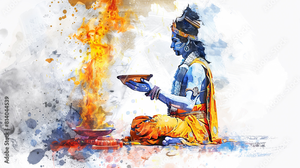 Beautiful digital artwork of Lord Rama in a sacred fire ritual on a ...
