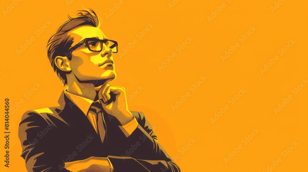 Thoughtful businessman in glasses with hand on chin, pondering in front of blank background Thoughtful businessman in glasses with hand on chin, pondering in front of blank background