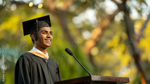 Young Indian male graduate joyfully speaking at his graduation