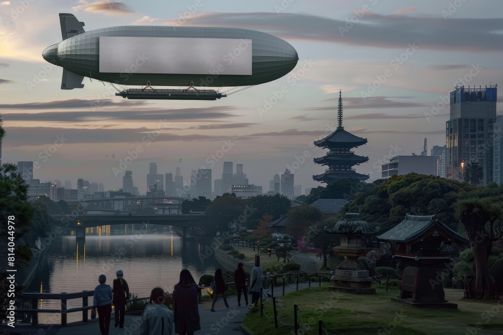 City park setting, with commuters and joggers observing a giant airship featuring a blank billboard against a city skyline City park setting, with commuters and joggers observing a giant airship featuring a blank billboard against a city skyline