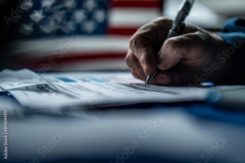 Close-up of a hand marking a ballot, set against an American flag, capturing the crucial moment of participation in a presidential election photo