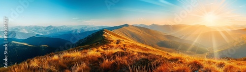 Beautiful panoramic view of the Carpathian mountains with the sun and blue sky, a panorama of the mountain landscape Generative AI
