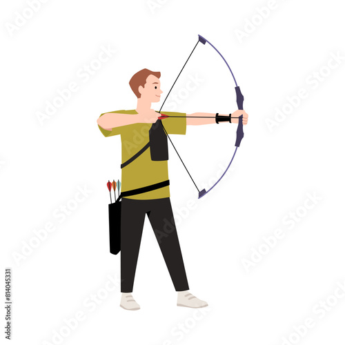 Young professional archer man aims to shoot, vector cartoon archery sport activity, shooter bowman with longbow training