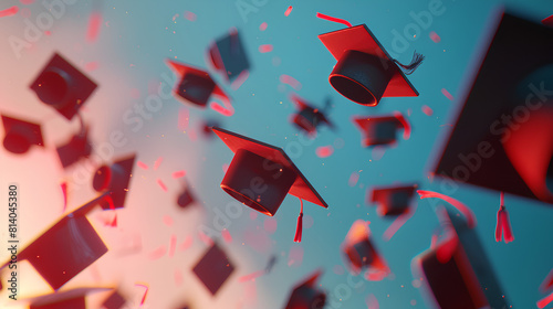 Education concept, graduation ceremony, flying red graduation caps on blue background