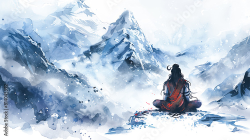Beautiful digital painting of lord Shiva in snowy cave setting