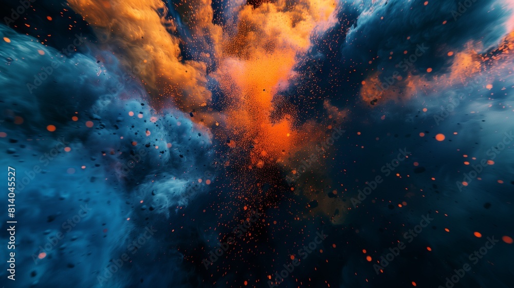 An immersive and captivating illustration of abstract blue and orange color powder exploding in a burst of color on a rich black backdrop