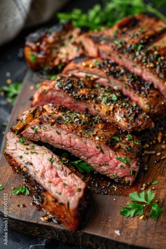 Piece of meat is cut into slices and garnished with parsley