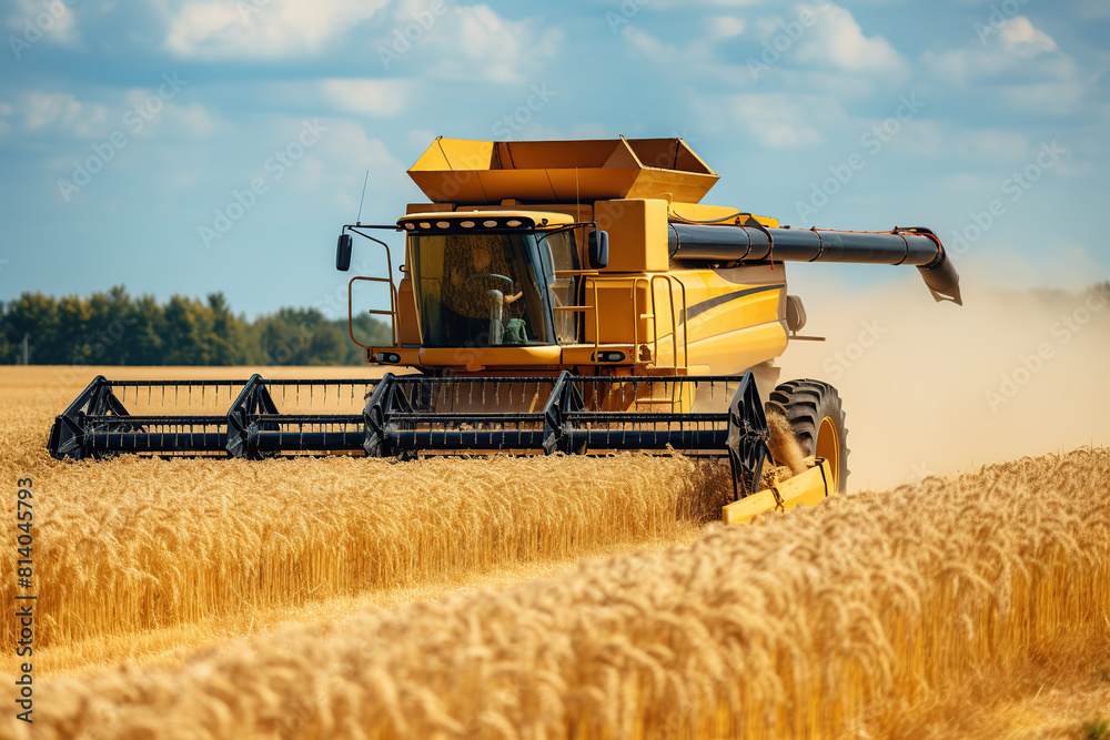 Fototapeta premium Combine harvester harvests wheat field