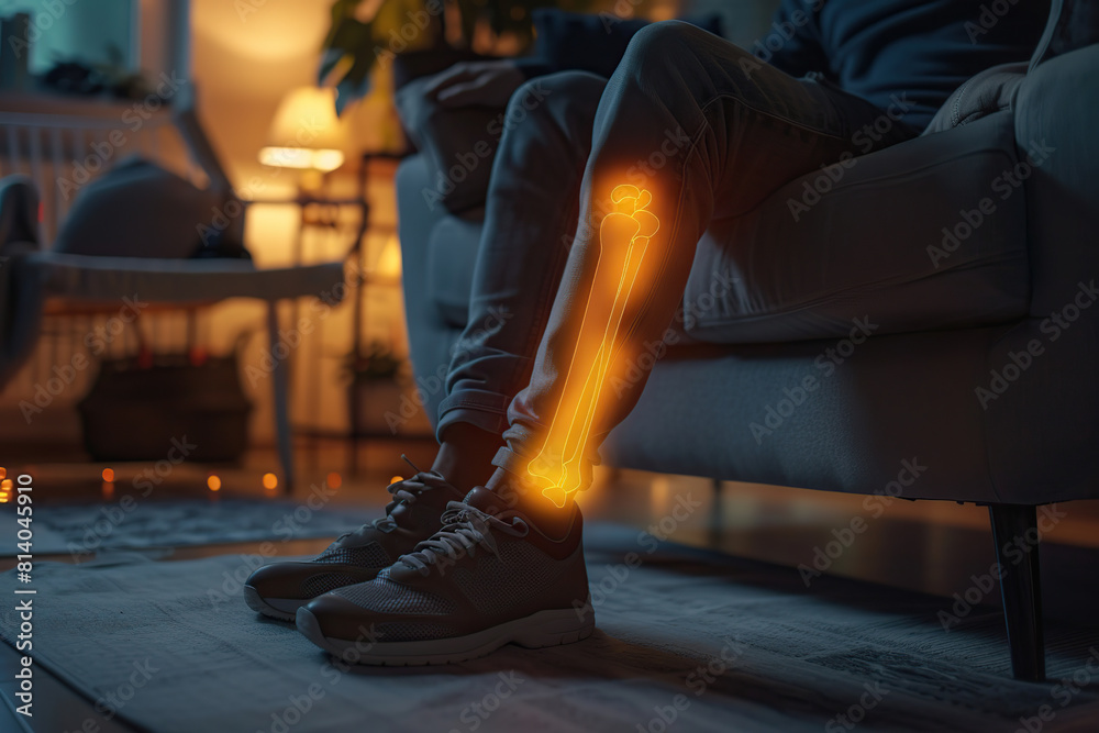 Man sitting at home with glowing pain in the calves Man sitting at home with glowing pain in the calves