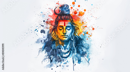 Beautiful digital painting of lord Shiva with a third eye and flames of wisdom on white background.