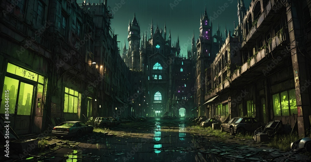 Fototapeta premium Gothic cyberpunk city buildings exterior. Baroque goth sci-fi castle palace. Abandoned futuristic dystopia reclaimed ancient ruins with colored stain glass.