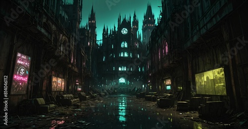 Gothic cyberpunk city buildings exterior. Baroque goth sci-fi castle palace. Abandoned futuristic dystopia reclaimed ancient ruins with colored stain glass.