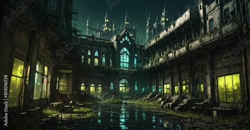 Gothic cyberpunk city buildings exterior. Baroque goth sci-fi castle palace. Abandoned futuristic dystopia reclaimed ancient ruins with colored stain glass.