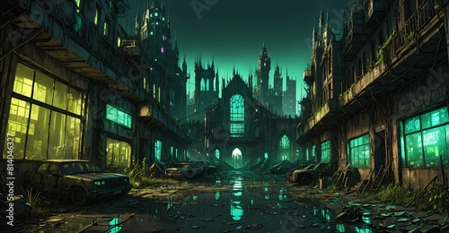 Gothic cyberpunk city buildings exterior. Baroque goth sci-fi castle palace. Abandoned futuristic dystopia reclaimed ancient ruins with colored stain glass.