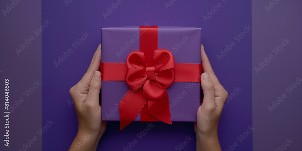 Bunter Geschenke Karton in blau und roten farben mit schöner Schleife und Händen Bunter Geschenke Karton in blau und roten farben mit schöner Schleife und Händen