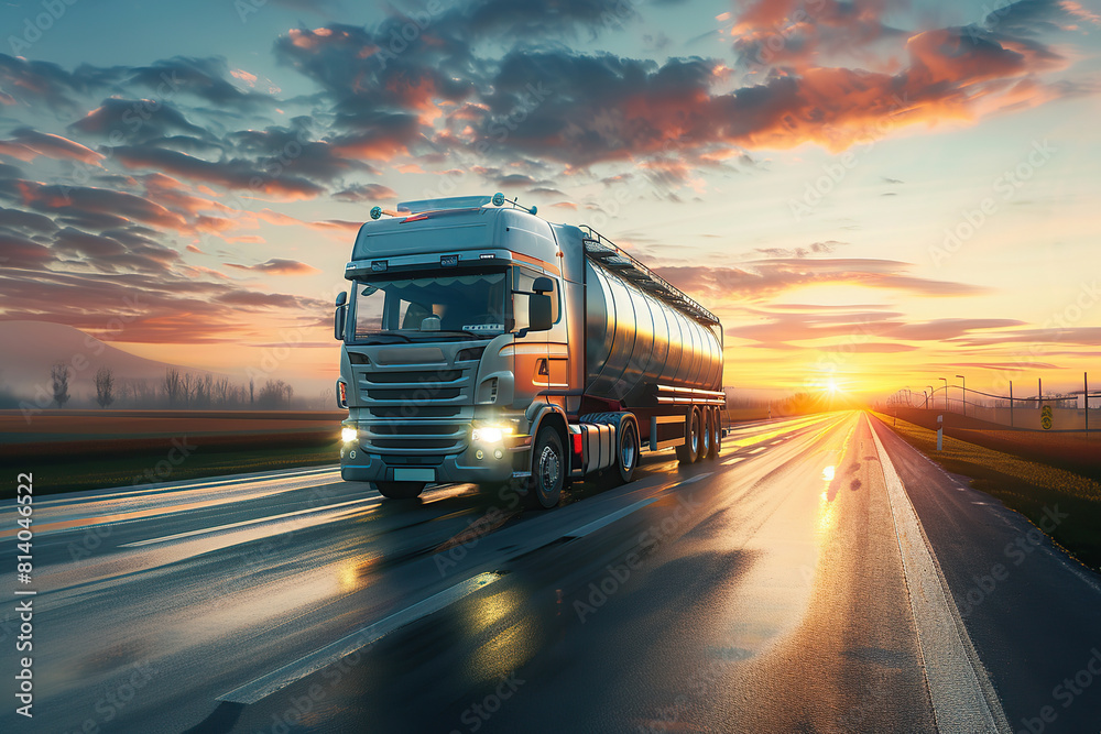 Big fuel tanker truck on the road with sunset Big fuel tanker truck on the road with sunset