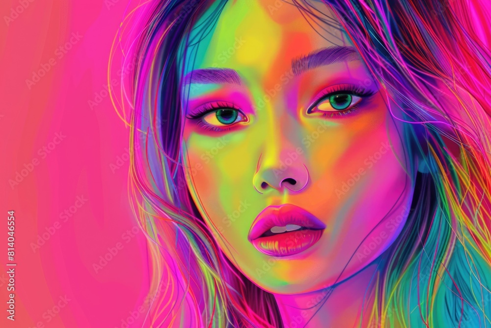 A woman with long hair and neon makeup. Suitable for beauty and fashion concepts A woman with long hair and neon makeup. Suitable for beauty and fashion concepts