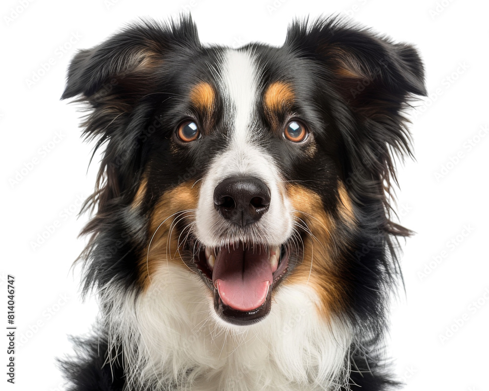 The image shows a happy and friendly Border Collie dog with a big smile on its face. It is looking up at the camera with its big brown eyes.