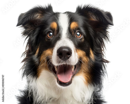 The image shows a happy and friendly Border Collie dog with a big smile on its face. It is looking up at the camera with its big brown eyes. © ปรัชญา ตอพรม ตอพรม