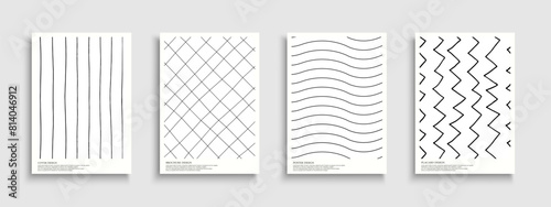 Set of black and white hand drawn striped covers, templates, placards, brochures, banners, flyers etc. Monochrome backgrounds, postcards, posters, invitation, tags. Simple cards with drawing lines