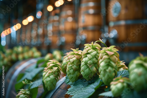 Art piece illustrating a modern brewery with a background of hop cones emphasizing the craft of brewing,